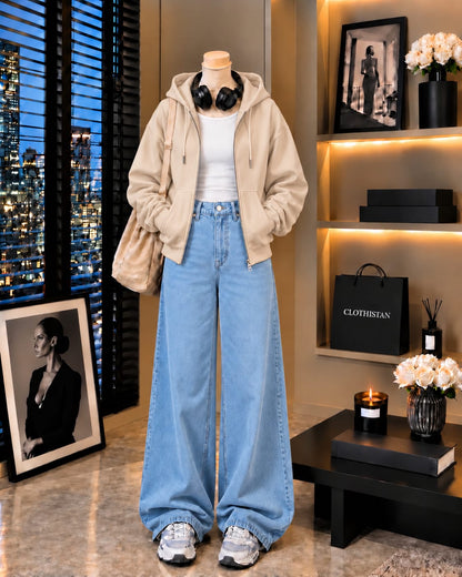 Zipper Hoodie, White Rib Tank Top & Sky blue Wide-Leg Jeans as Pack of Threes