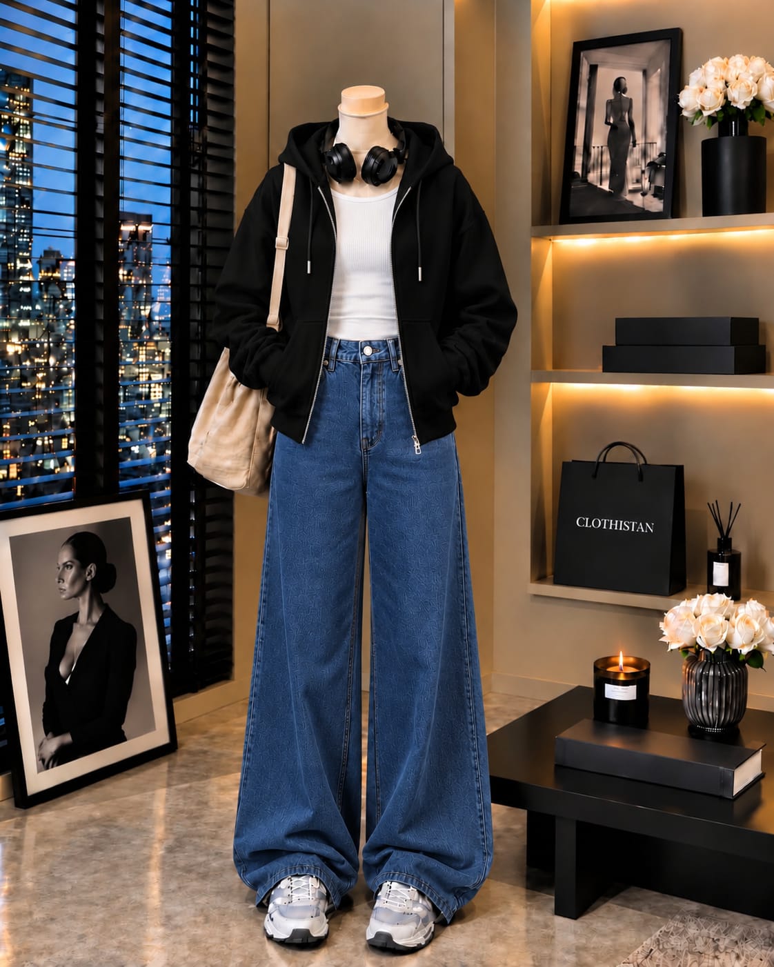Zipper Hoodie, White Rib Tank Top & Mid blue Wide-Leg Jeans as Pack of Threes
