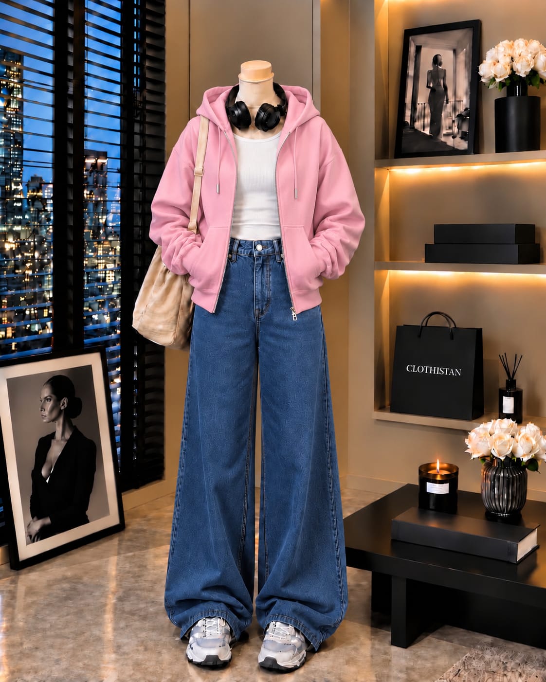 Zipper Hoodie, White Rib Tank Top & Mid blue Wide-Leg Jeans as Pack of Threes