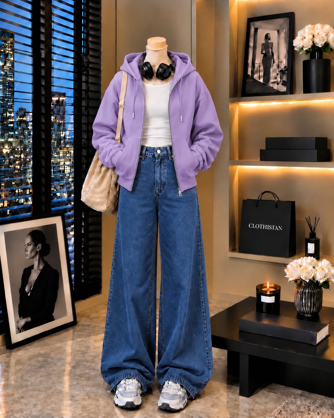 Zipper Hoodie, White Rib Tank Top & Mid blue Wide-Leg Jeans as Pack of Threes