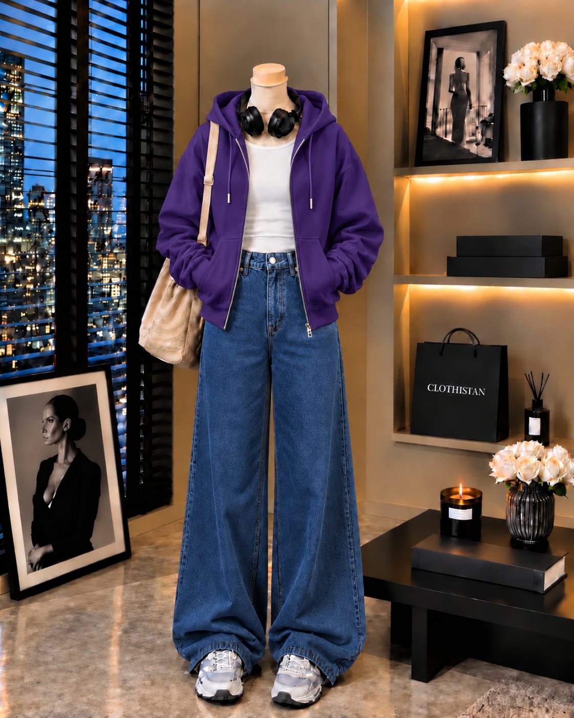Zipper Hoodie, White Rib Tank Top & Mid blue Wide-Leg Jeans as Pack of Threes