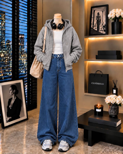 Zipper Hoodie, White Rib Tank Top & Mid blue Wide-Leg Jeans as Pack of Threes