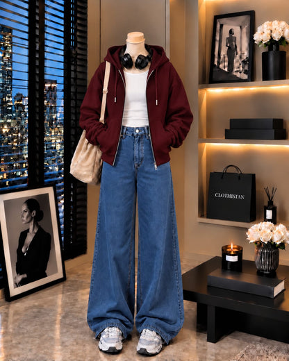Zipper Hoodie, White Rib Tank Top & Mid blue Wide-Leg Jeans as Pack of Threes