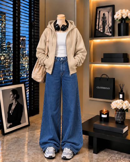 Zipper Hoodie, White Rib Tank Top & Mid blue Wide-Leg Jeans as Pack of Threes
