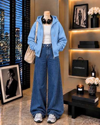 Zipper Hoodie, White Rib Tank Top & Mid blue Wide-Leg Jeans as Pack of Threes