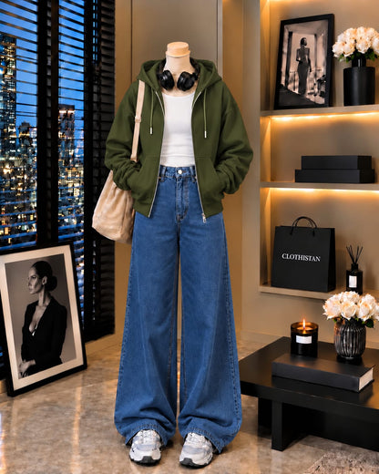 Zipper Hoodie, White Rib Tank Top & Mid blue Wide-Leg Jeans as Pack of Threes