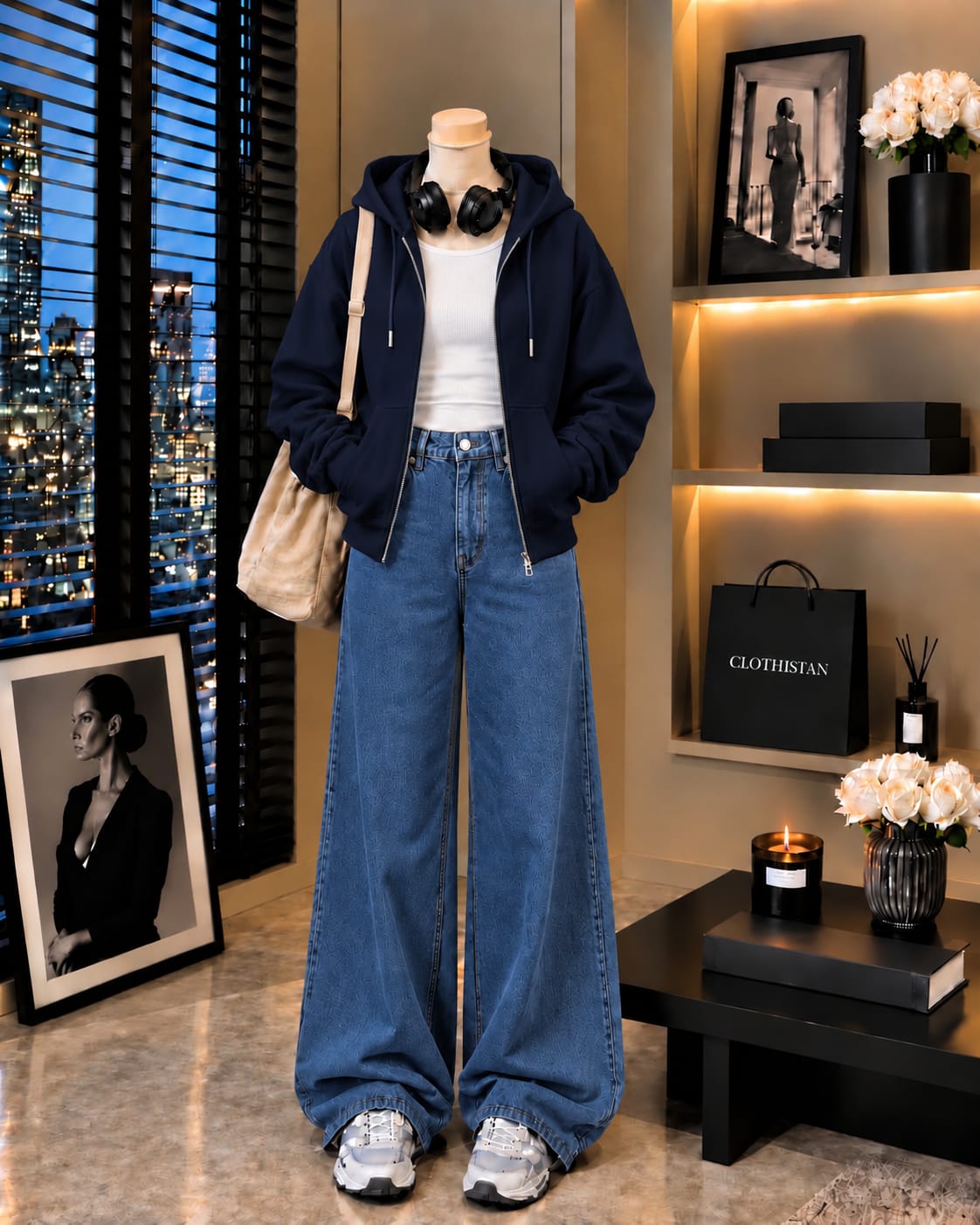 Zipper Hoodie, White Rib Tank Top & Mid blue Wide-Leg Jeans as Pack of Threes
