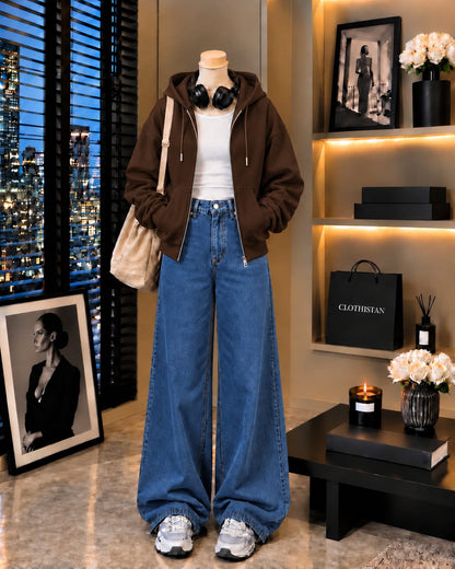 Zipper Hoodie, White Rib Tank Top & Mid blue Wide-Leg Jeans as Pack of Threes
