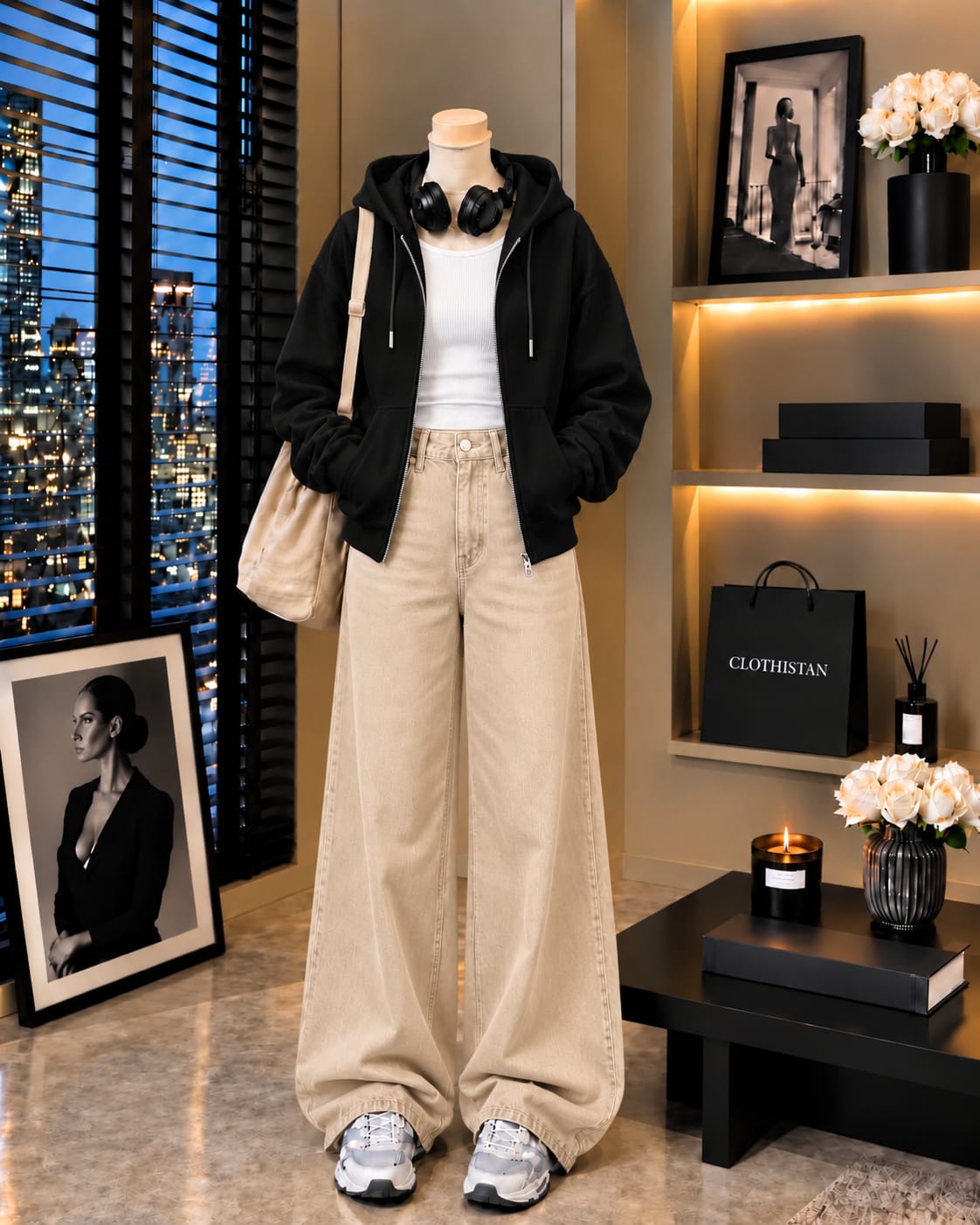 Zipper Hoodie, White Rib Tank Top & Beige Wide-Leg Jeans as Pack of Threes