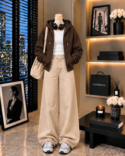 Zipper Hoodie, White Rib Tank Top & Beige Wide-Leg Jeans as Pack of Threes