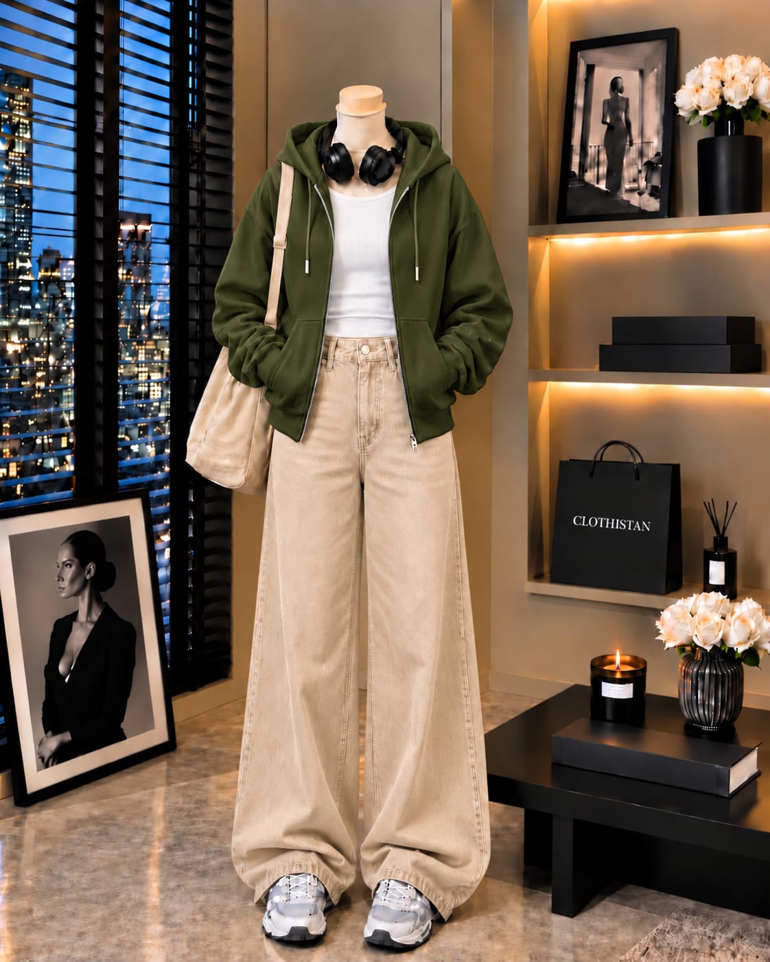 Zipper Hoodie, White Rib Tank Top & Beige Wide-Leg Jeans as Pack of Threes