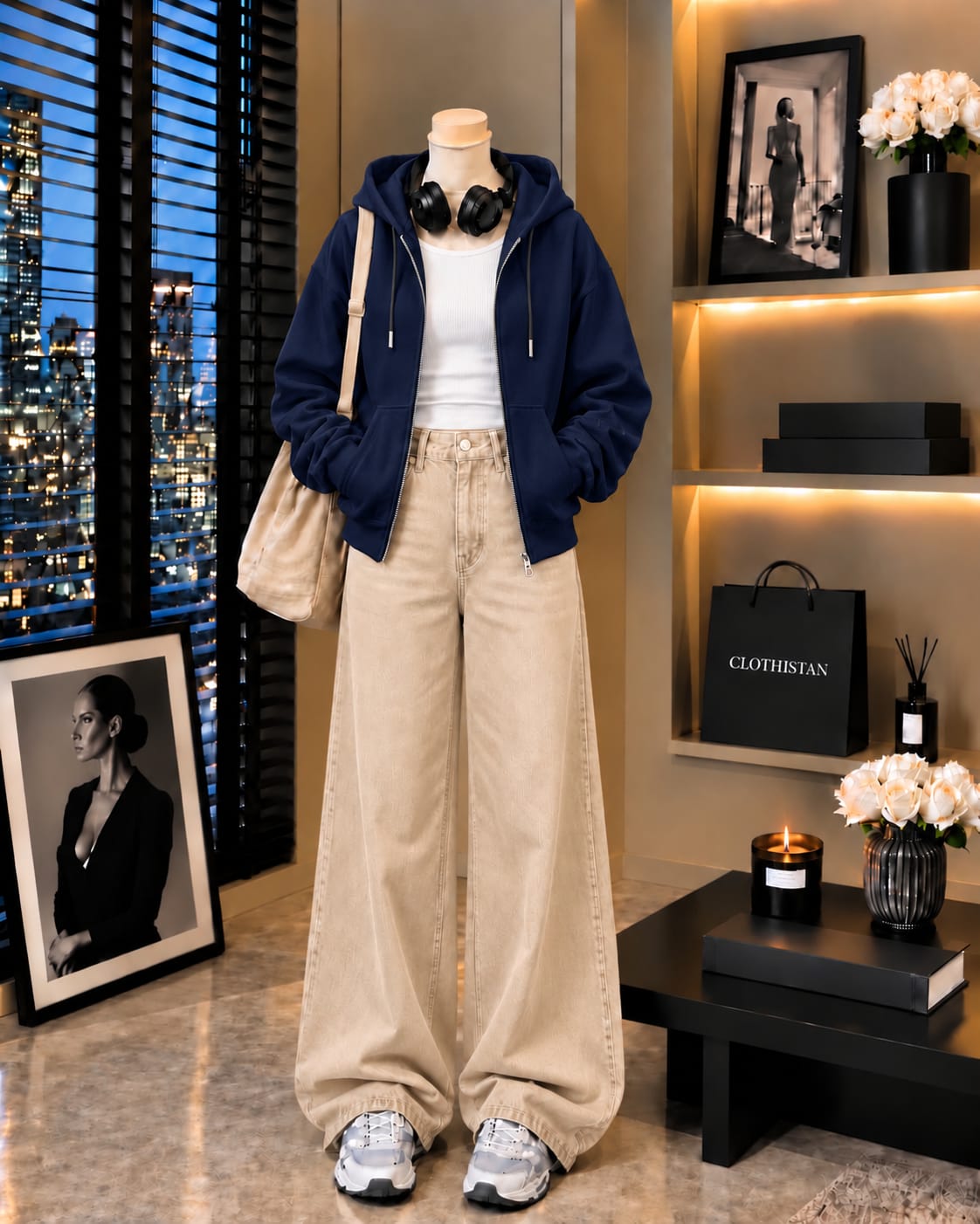 Zipper Hoodie, White Rib Tank Top & Beige Wide-Leg Jeans as Pack of Threes