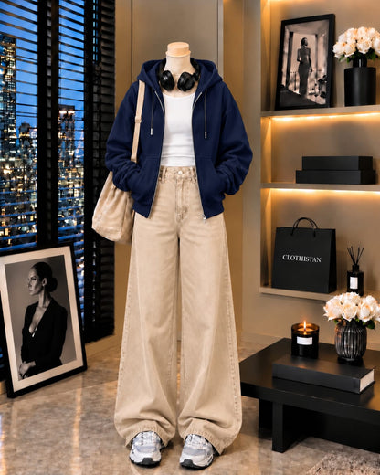 Zipper Hoodie, White Rib Tank Top & Beige Wide-Leg Jeans as Pack of Threes