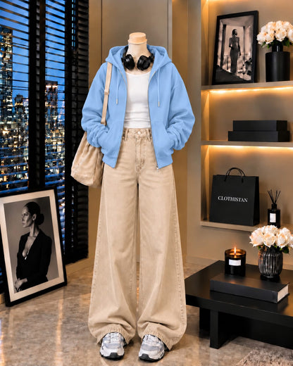Zipper Hoodie, White Rib Tank Top & Beige Wide-Leg Jeans as Pack of Threes