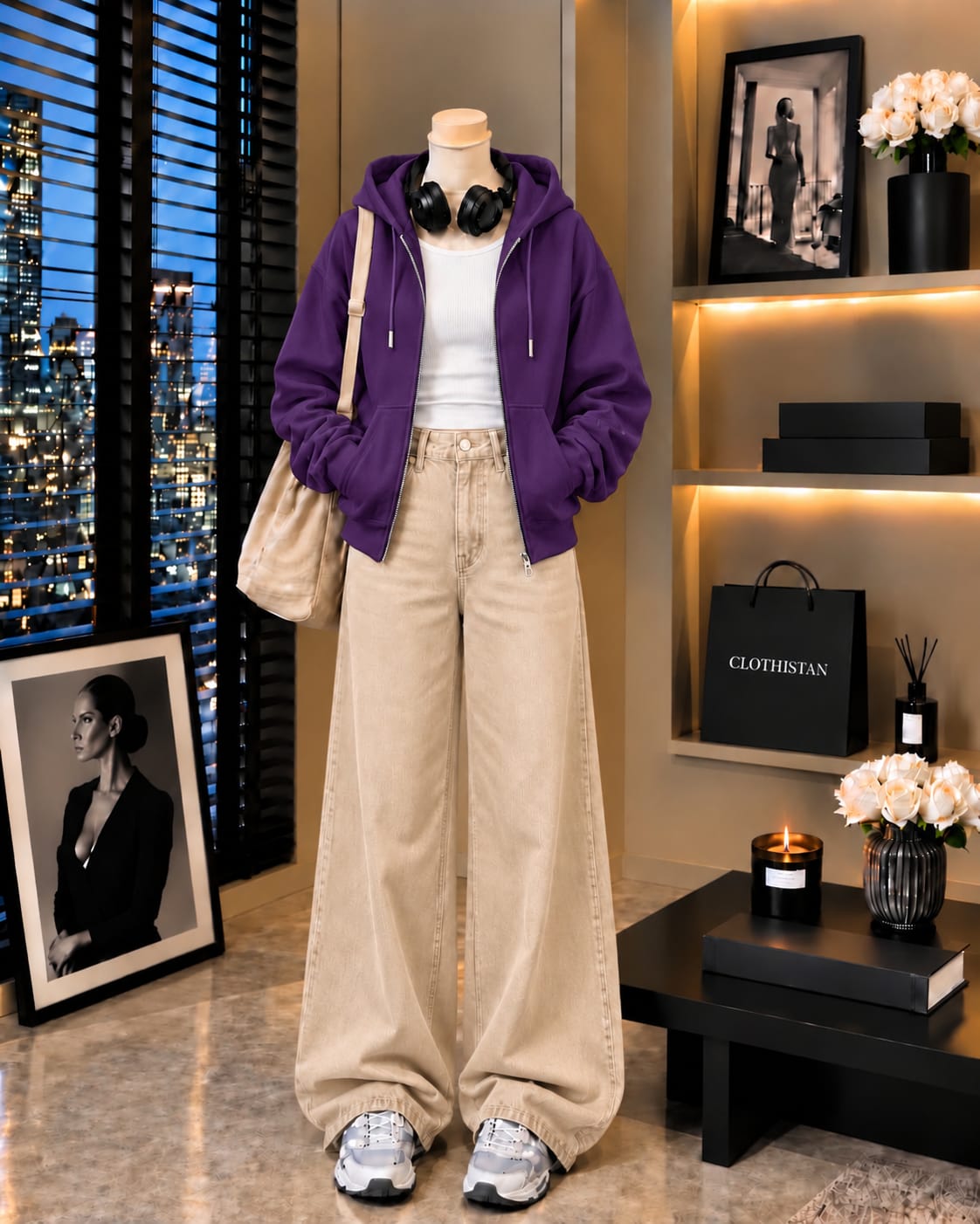 Zipper Hoodie, White Rib Tank Top & Beige Wide-Leg Jeans as Pack of Threes
