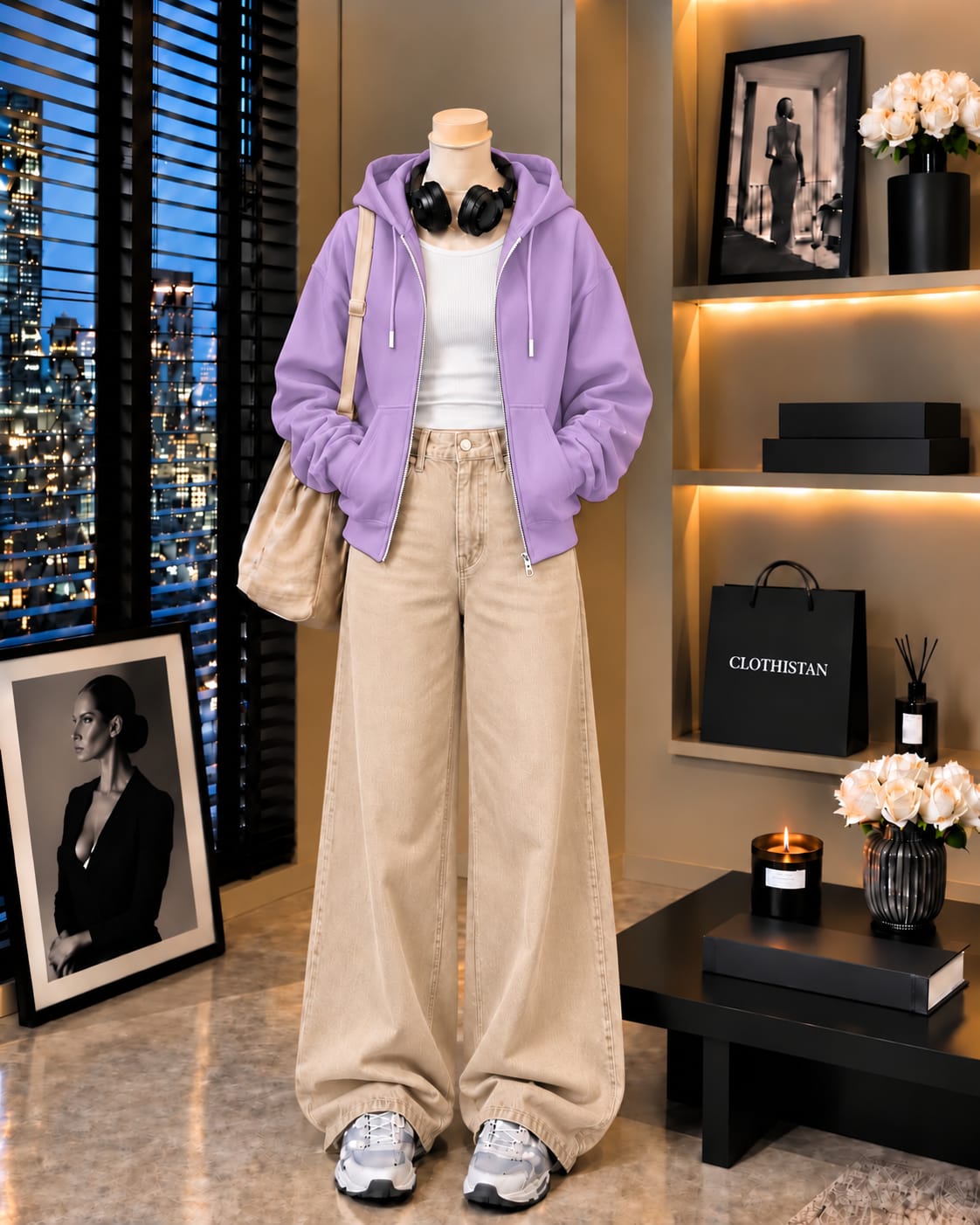 Zipper Hoodie, White Rib Tank Top & Beige Wide-Leg Jeans as Pack of Threes
