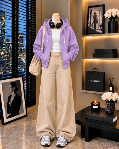 Zipper Hoodie, White Rib Tank Top & Beige Wide-Leg Jeans as Pack of Threes