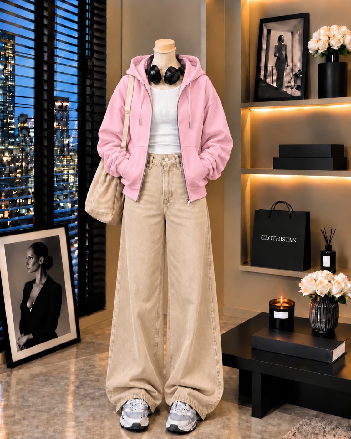 Zipper Hoodie, White Rib Tank Top & Beige Wide-Leg Jeans as Pack of Threes
