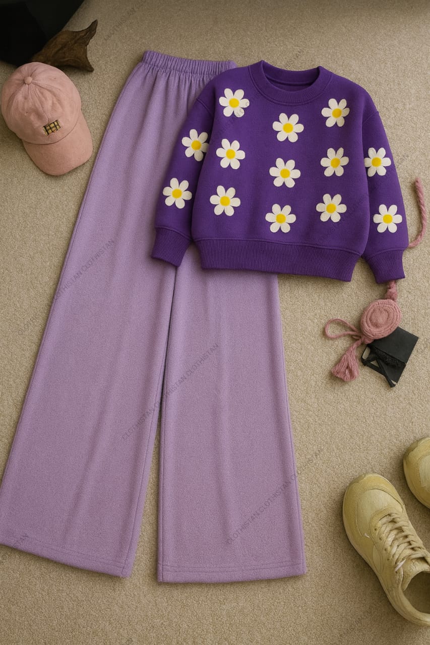 Sun Flower Allover Printed Sweatshirt & Lilac Wide-Leg Sweatpants Pack of Two