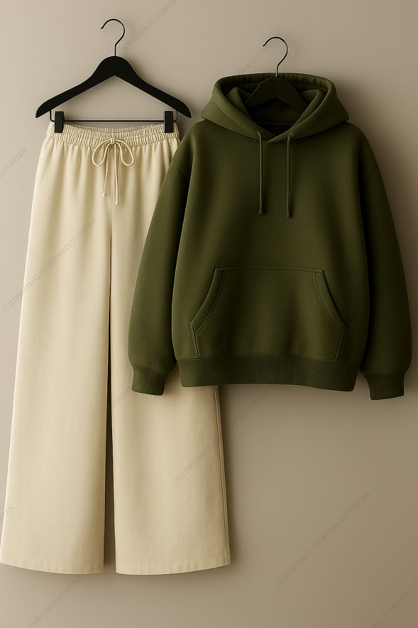 Hoodie & Beige Wide-Leg Sweatpants Pack of Two