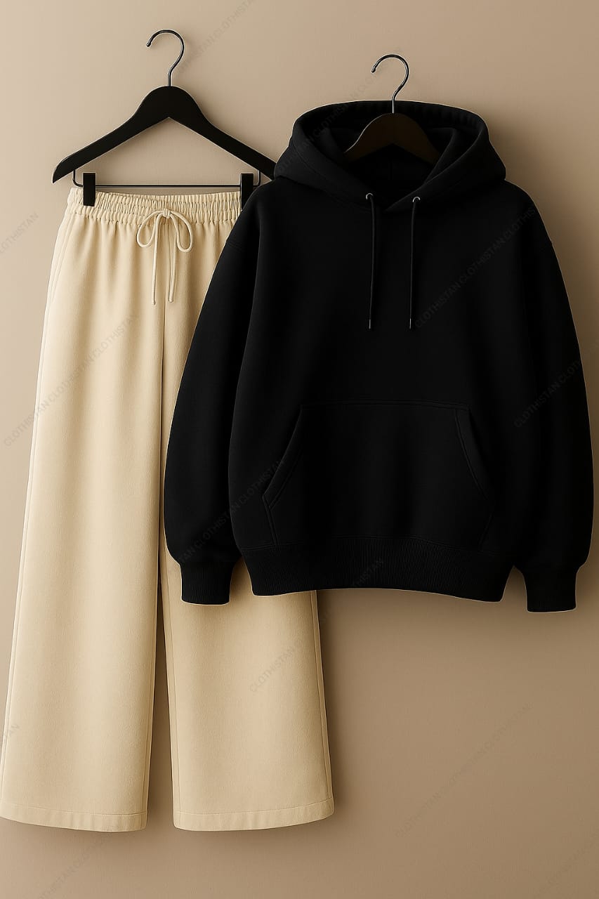Hoodie & Beige Wide-Leg Sweatpants Pack of Two