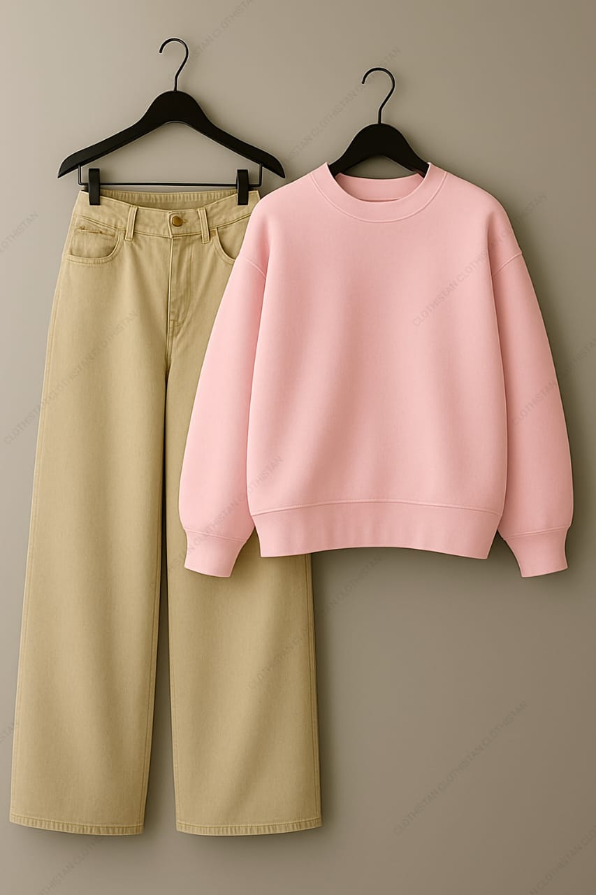 Sweatshirt & Beige Wide leg Jeans Pack Of Two