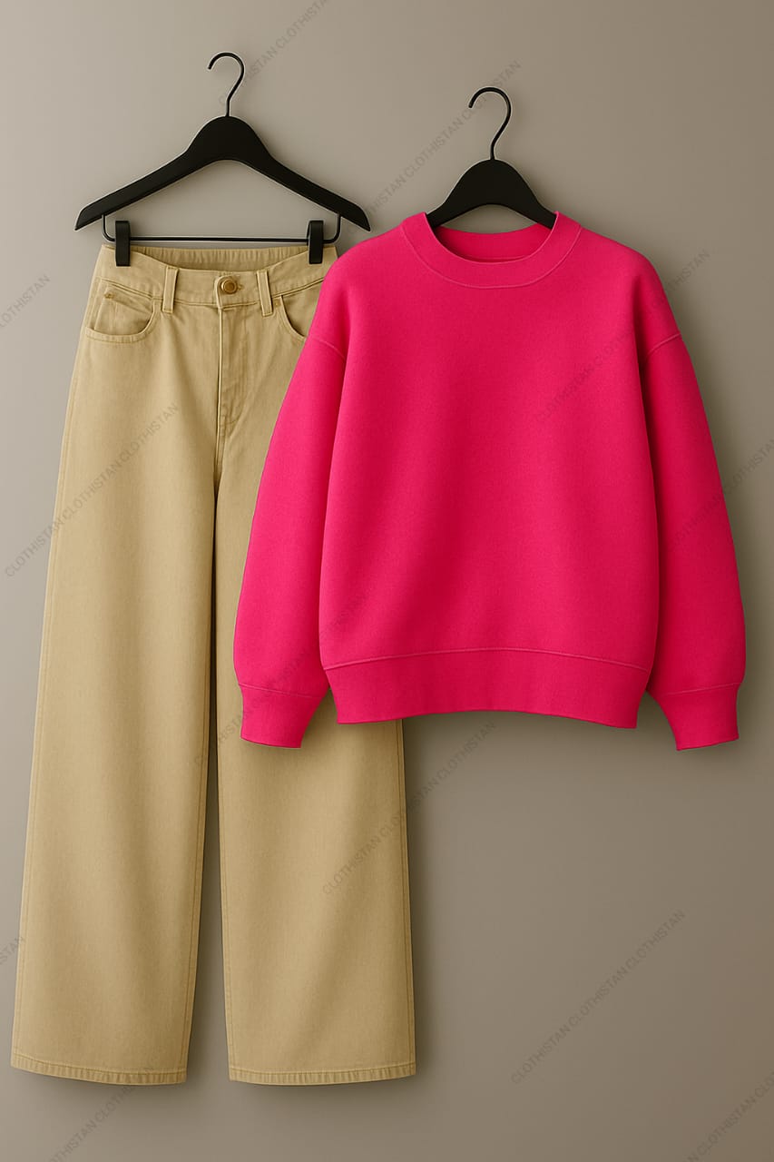 Sweatshirt & Beige Wide leg Jeans Pack Of Two