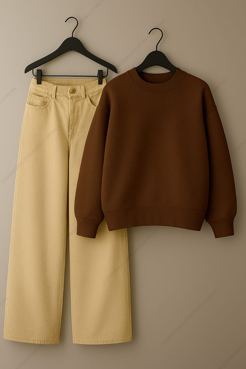 Sweatshirt & Beige Wide leg Jeans Pack Of Two