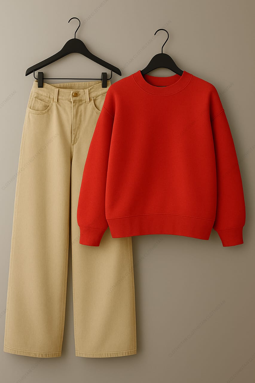 Sweatshirt & Beige Wide leg Jeans Pack Of Two