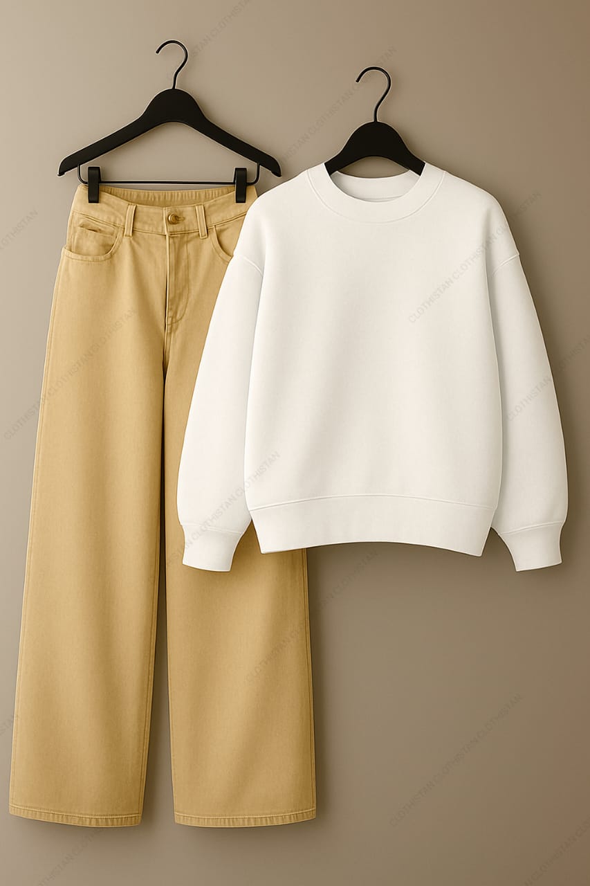 Sweatshirt & Beige Wide leg Jeans Pack Of Two