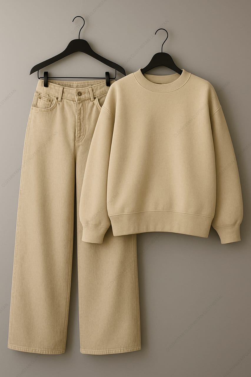 Sweatshirt & Beige Wide leg Jeans Pack Of Two