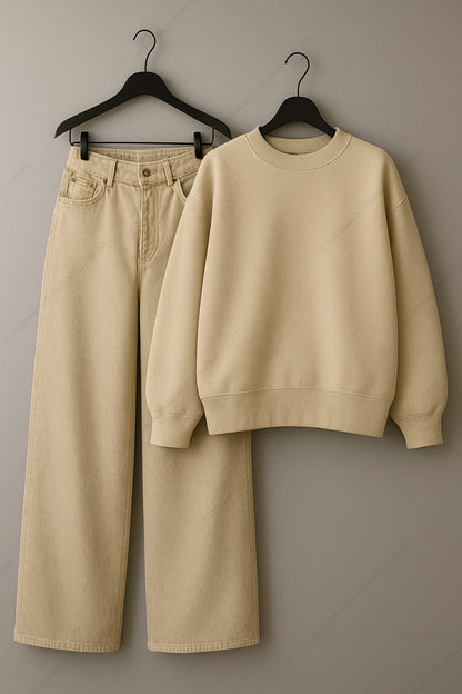 Sweatshirt & Beige Wide leg Jeans Pack Of Two
