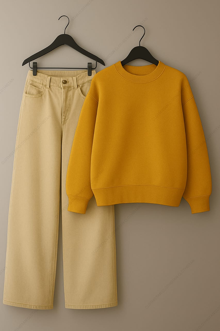 Sweatshirt & Beige Wide leg Jeans Pack Of Two