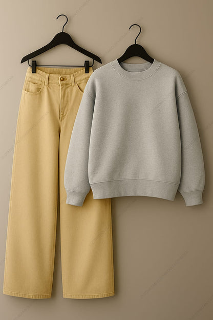 Sweatshirt & Beige Wide leg Jeans Pack Of Two