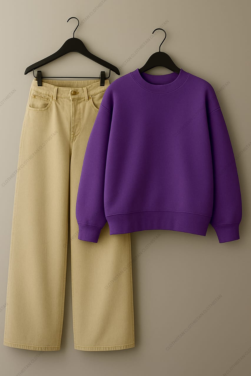 Sweatshirt & Beige Wide leg Jeans Pack Of Two