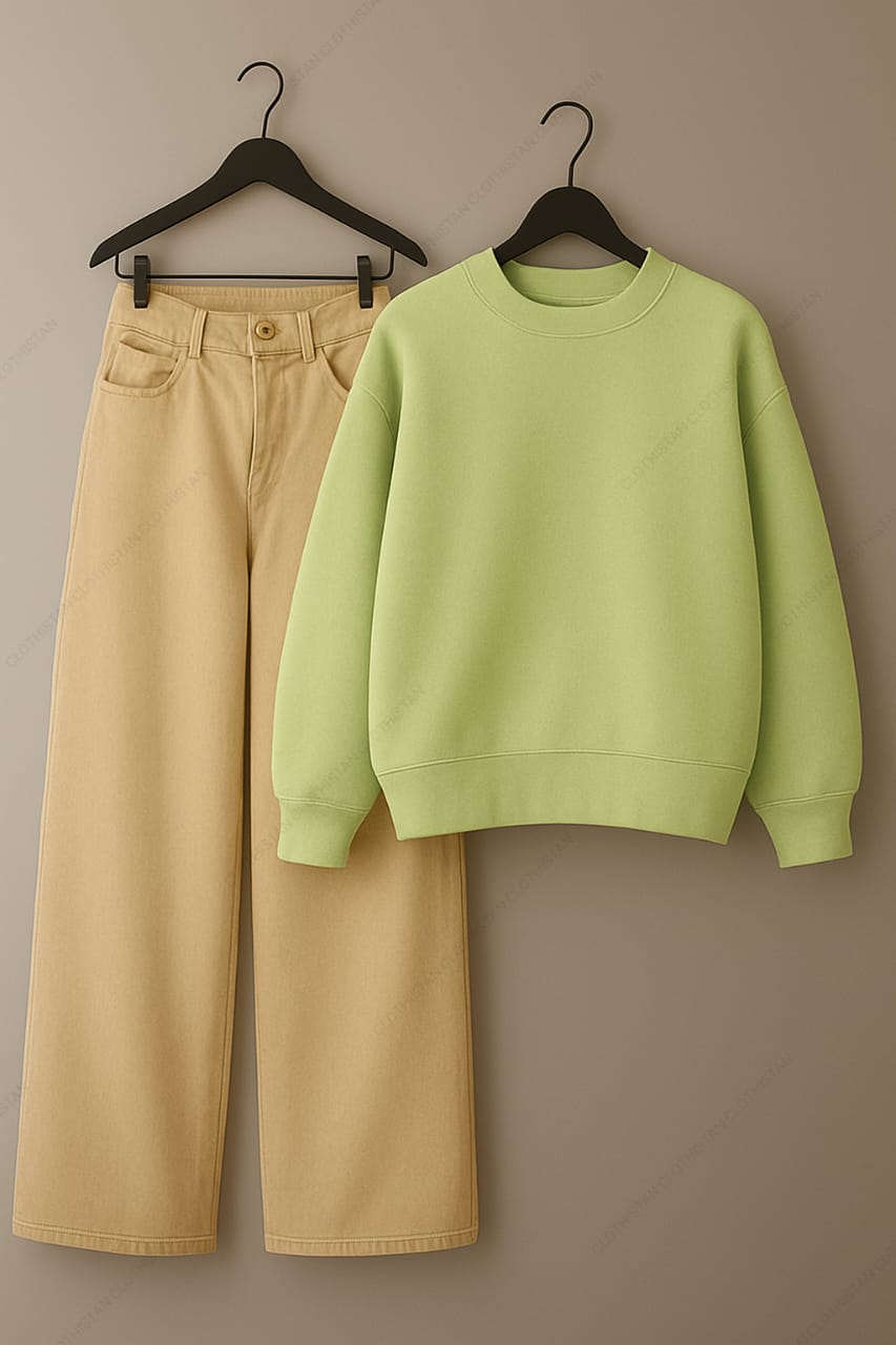 Sweatshirt & Beige Wide leg Jeans Pack Of Two