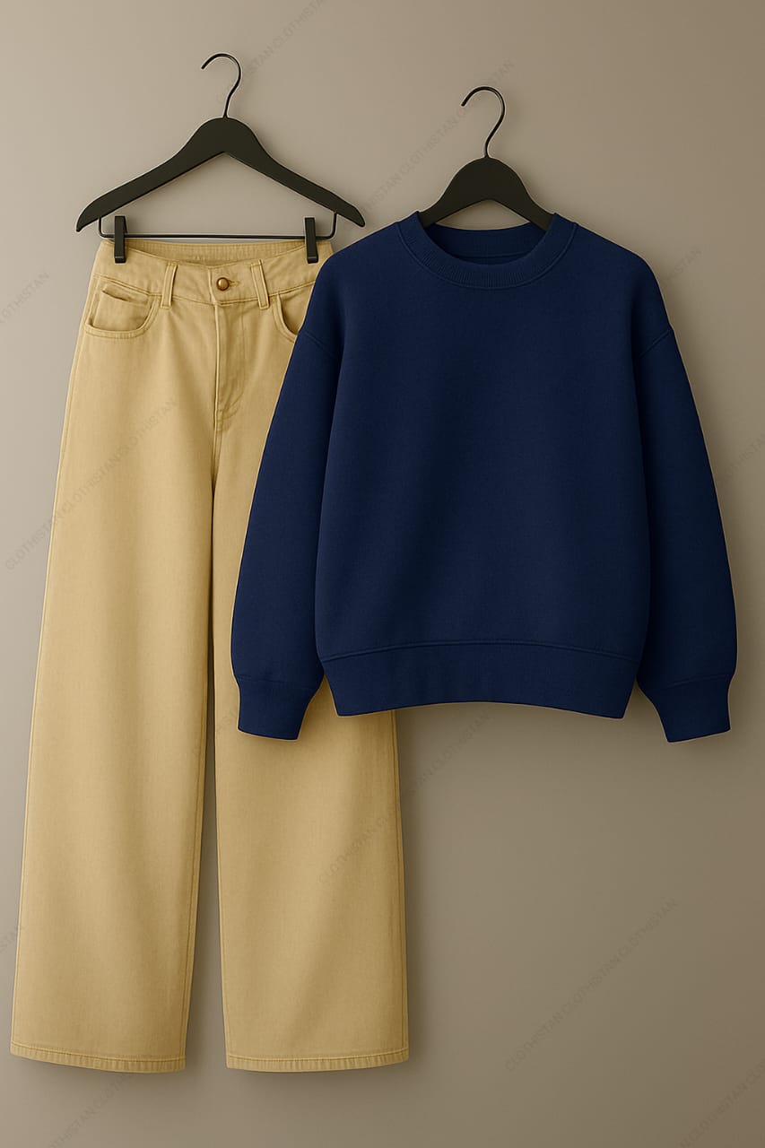 Sweatshirt & Beige Wide leg Jeans Pack Of Two