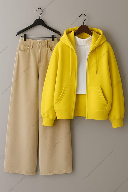 Zipper hoodie, White Highneck and Beige Wide Leg Jeans as Pack of three.