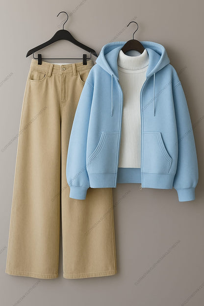 Zipper hoodie, White Highneck and Beige Wide Leg Jeans as Pack of three.