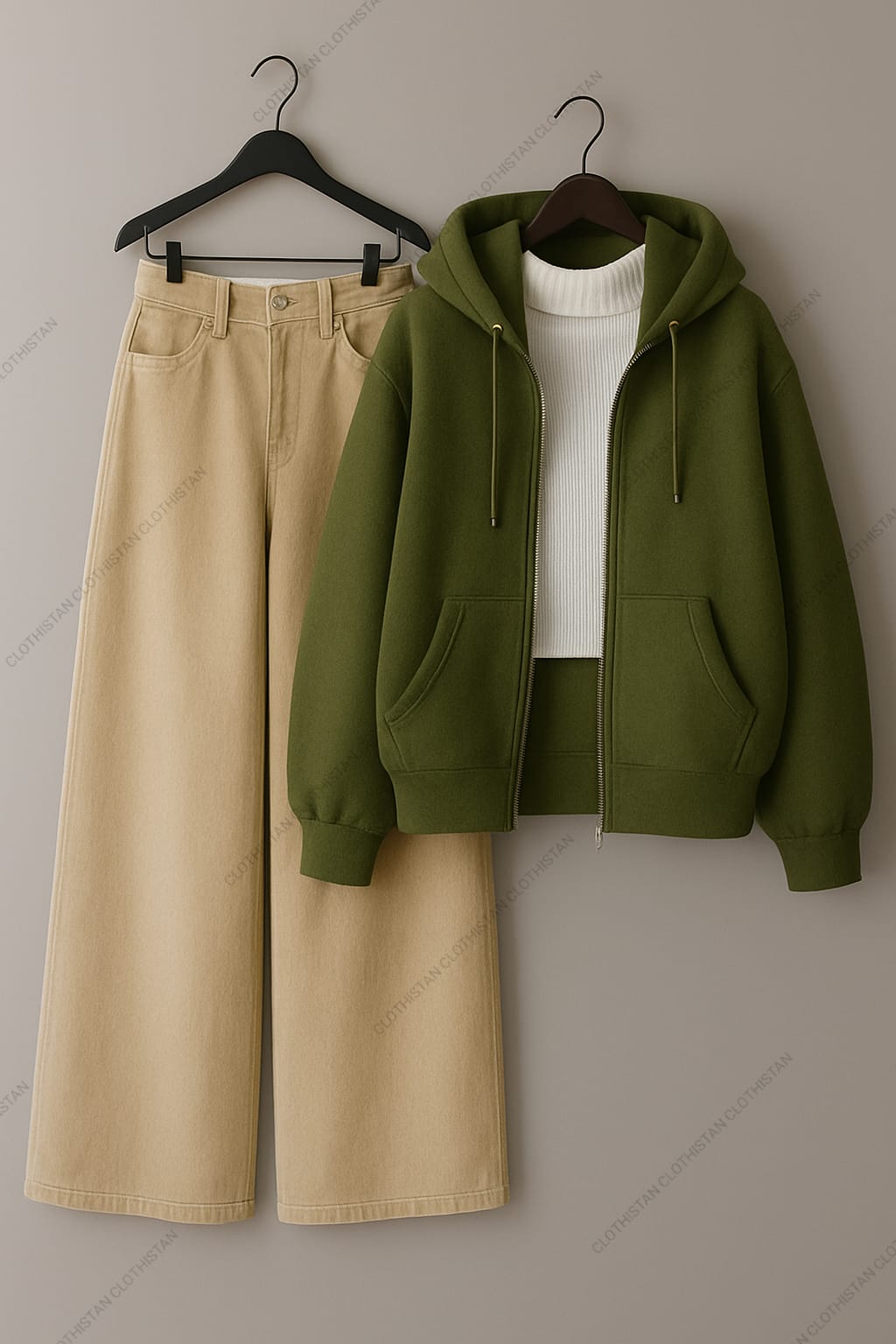 Zipper hoodie, White Highneck and Beige Wide Leg Jeans as Pack of three.