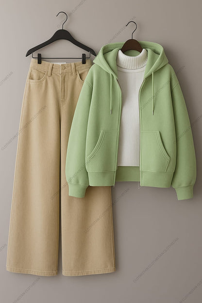 Zipper hoodie, White Highneck and Beige Wide Leg Jeans as Pack of three.