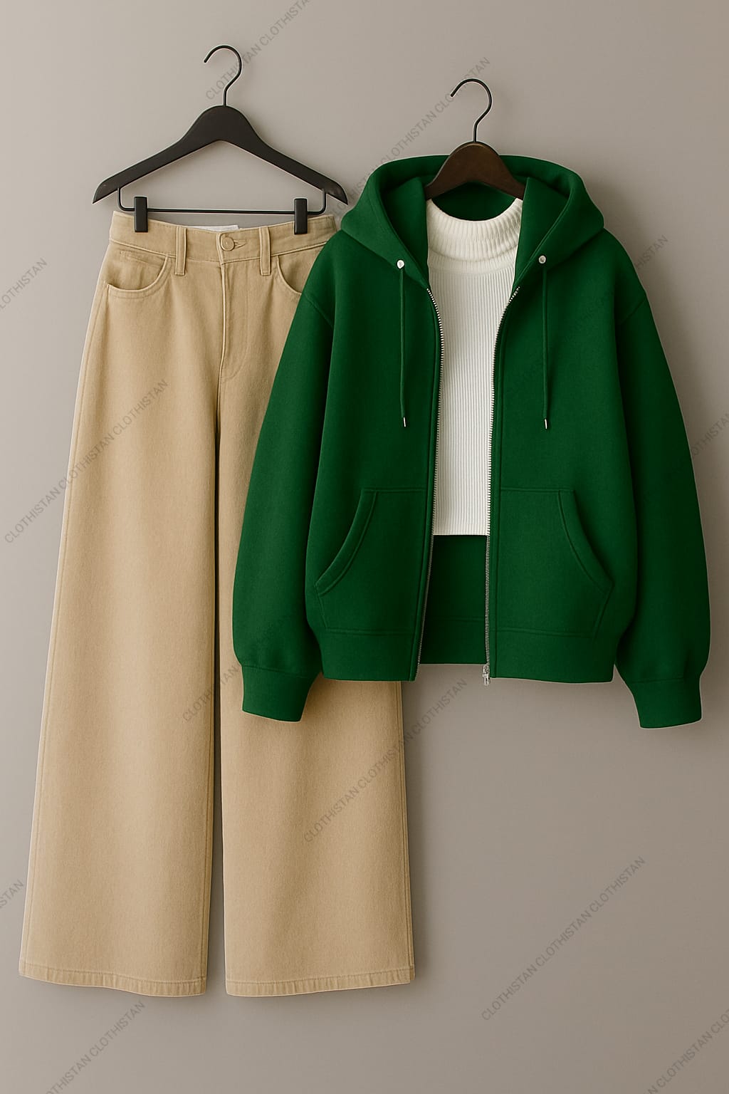 Zipper hoodie, White Highneck and Beige Wide Leg Jeans as Pack of three.