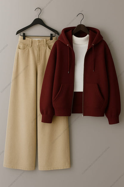Zipper hoodie, White Highneck and Beige Wide Leg Jeans as Pack of three.