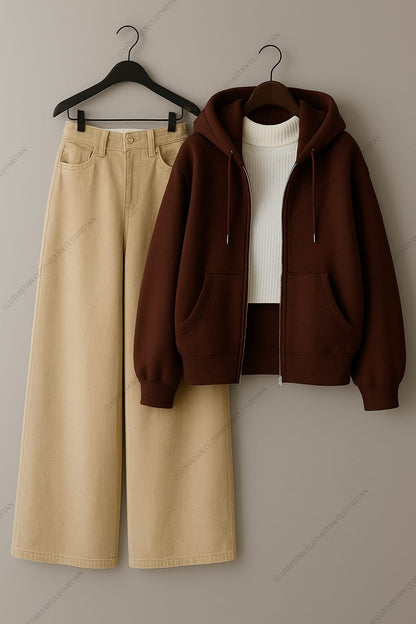 Zipper hoodie, White Highneck and Beige Wide Leg Jeans as Pack of three.