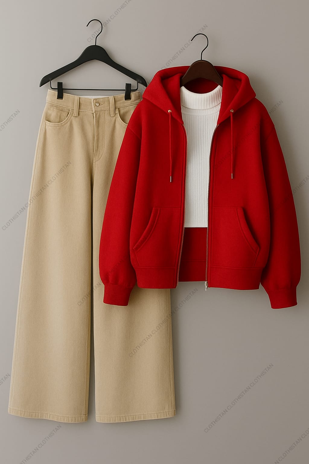 Zipper hoodie, White Highneck and Beige Wide Leg Jeans as Pack of three.