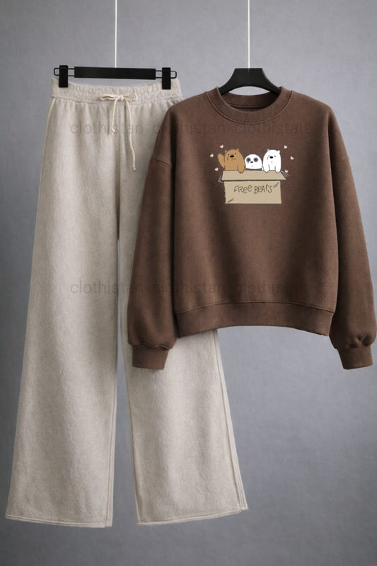 Free Bear Printed Sweatshirt & Wide-Leg Sweatpants Pack of Two