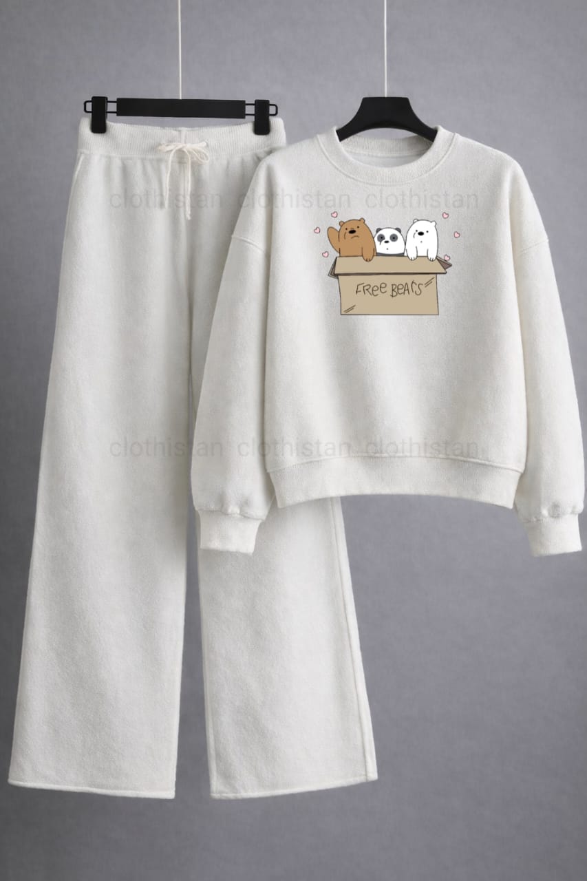 Free Bear Printed Sweatshirt & Wide-Leg Sweatpants Pack of Two