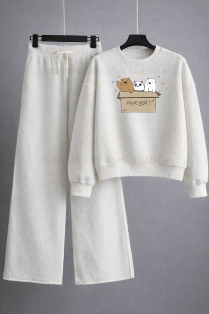 Free Bear Printed Sweatshirt & Wide-Leg Sweatpants Pack of Two