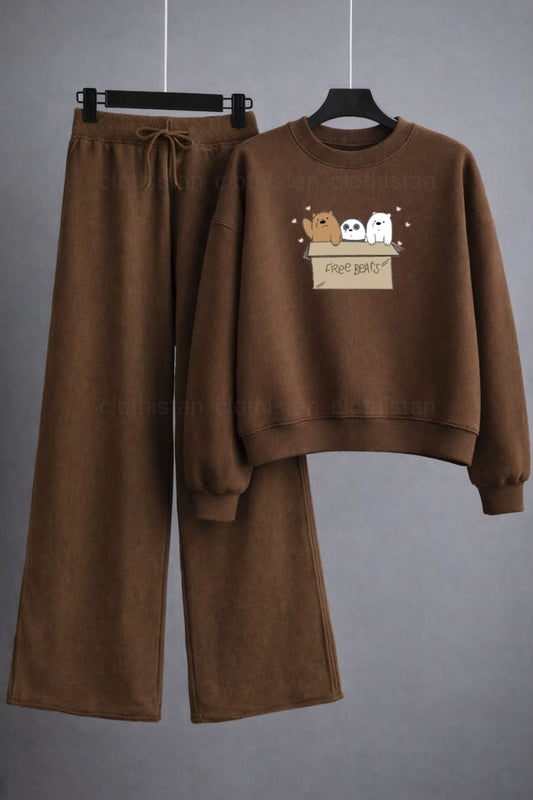 Free Bear Printed Sweatshirt & Wide-Leg Sweatpants Pack of Two