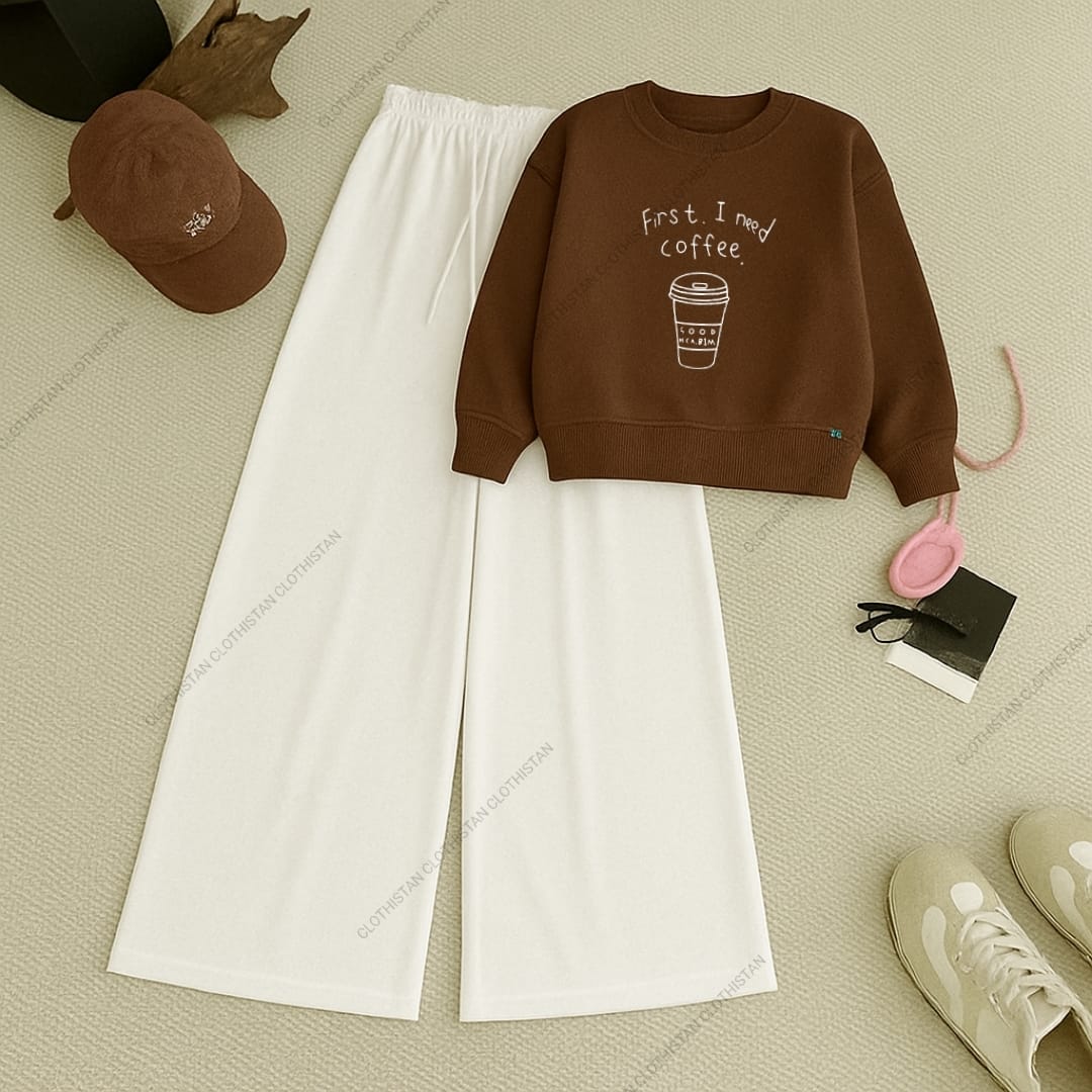 First I Need Coffee Printed Sweatshirt & White Wide-Leg Sweatpants Pack of Two